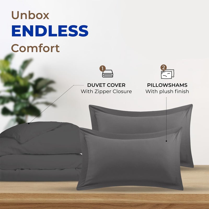 THREAD SPREAD Queen/Full Duvet Cover, 600 Thread Count Sateen 3Pc Egyptian Cotton Duvet Cover Set, 100% Pure Cotton Comforter Cover, 2 Pillow Shams, Zipper Closure, 7 Corner Ties - (Dark Grey) - Image 3